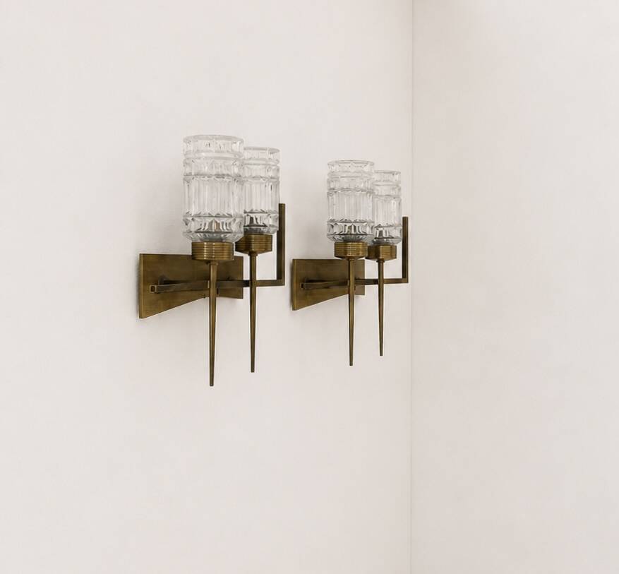 Pair of vintage brass and glass wall lights, France, 1950.