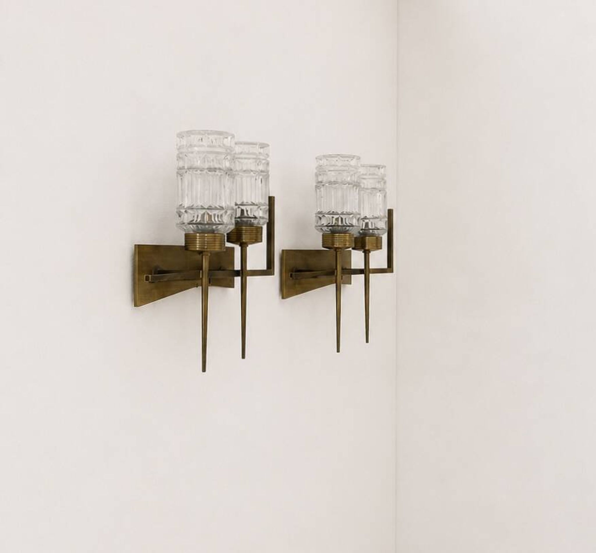 Pair of vintage brass and glass wall lights, France, 1950.