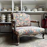 Louis XV style marquise in black and gold wood and jacquard, Napoléon III period.