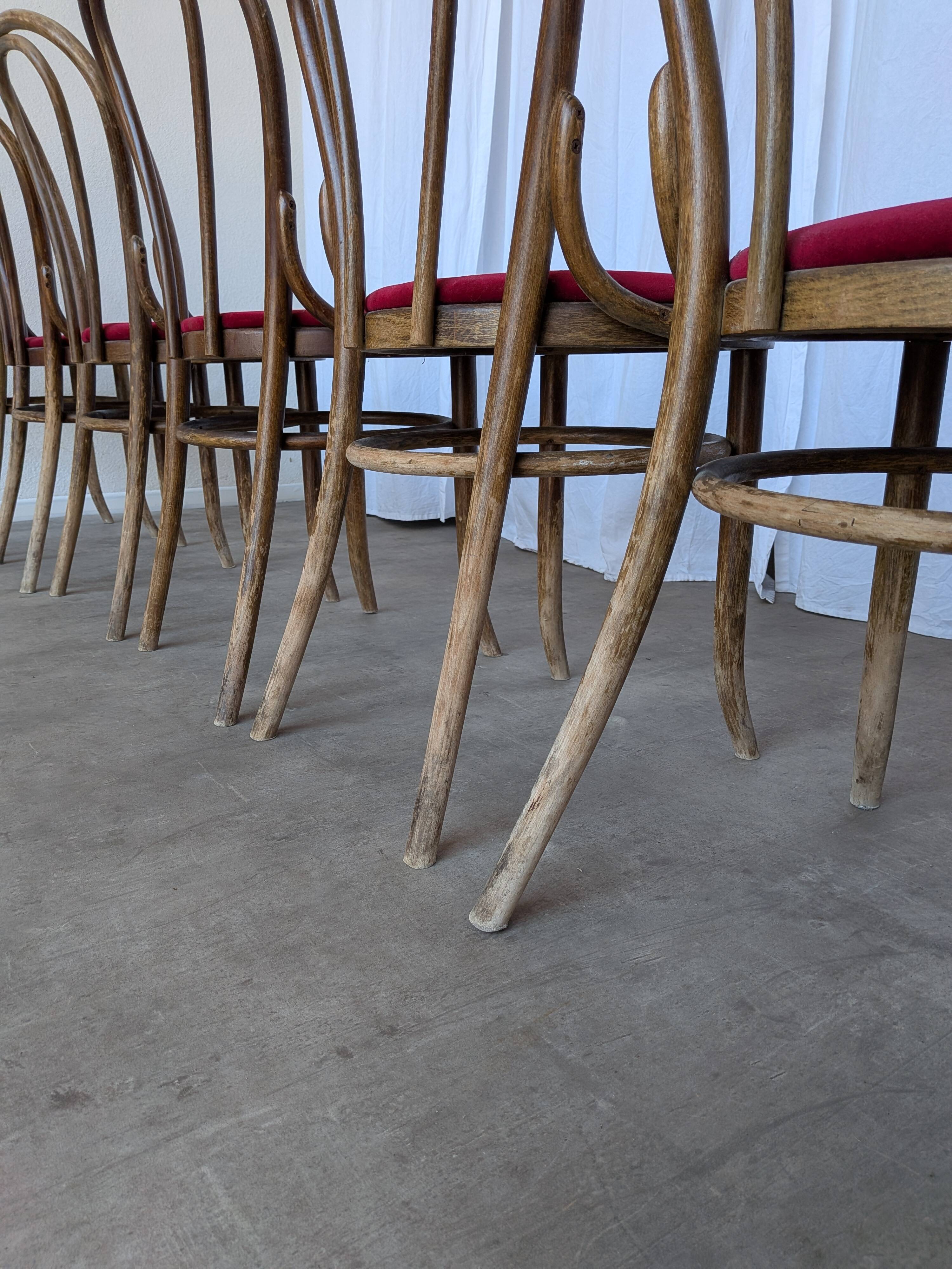 Set of 8 Vintage Bentwood Bistro Chairs: Red Upholstery