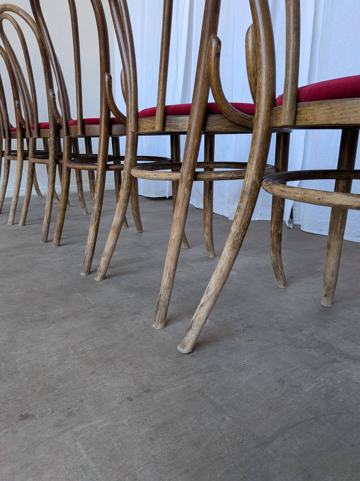 Set of 8 Vintage Bentwood Bistro Chairs: Red Upholstery