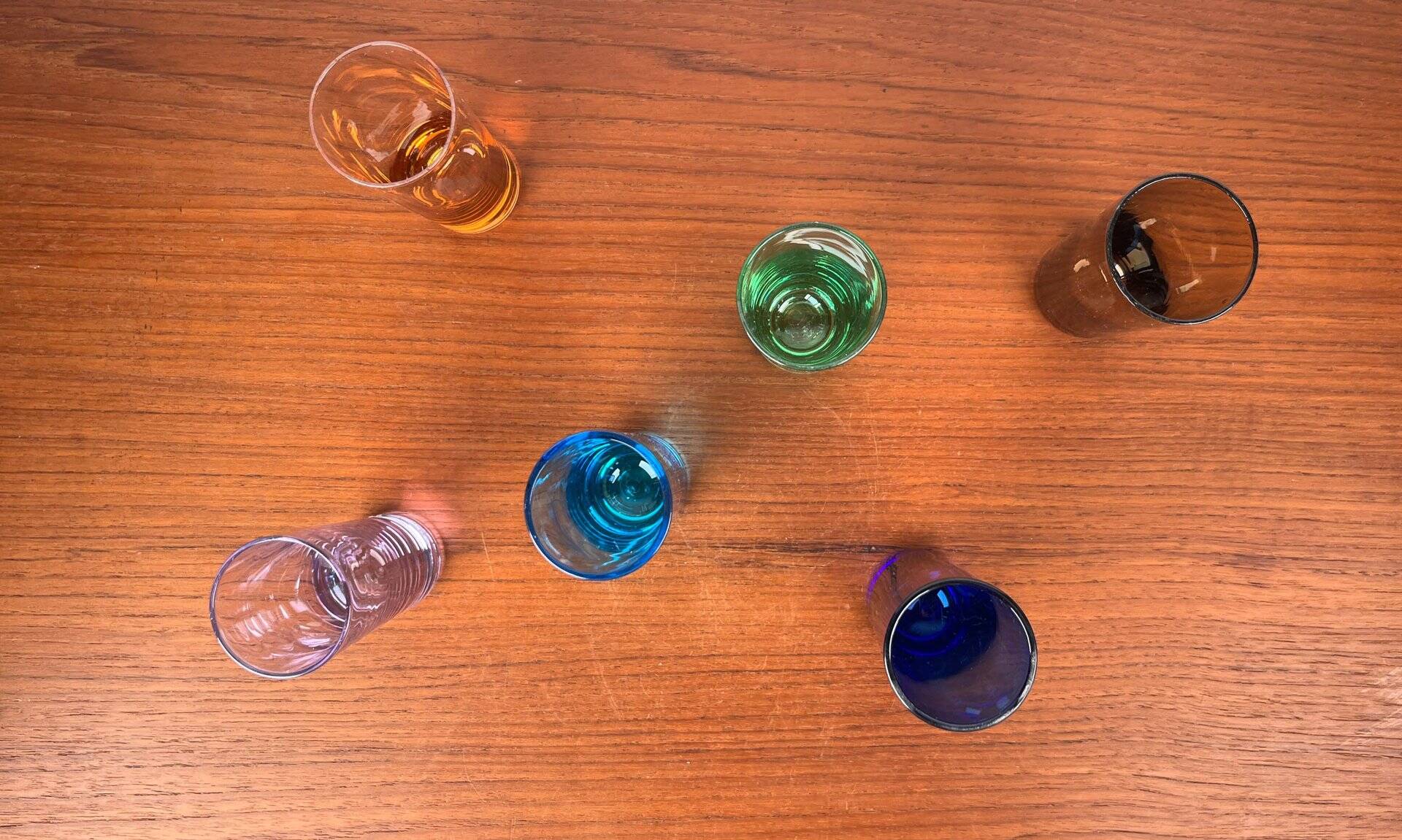 Coloured German shot glasses from the mid-century, 1960s, set of 6.