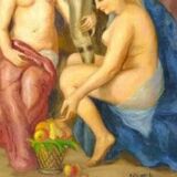Portrait de trois nus, peinture à l'huile du milieu du XXe siècle,