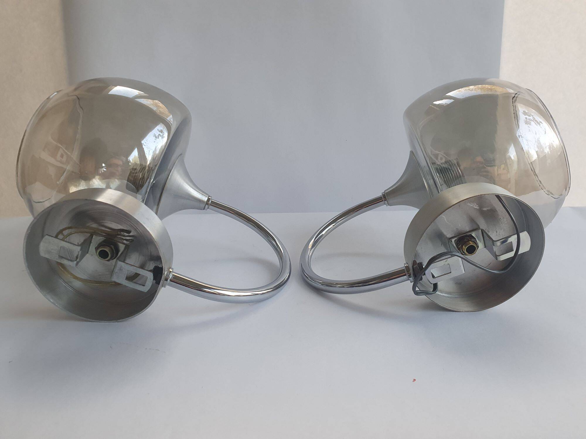 Pair of 1980s chrome metal and smoked glass wall lights