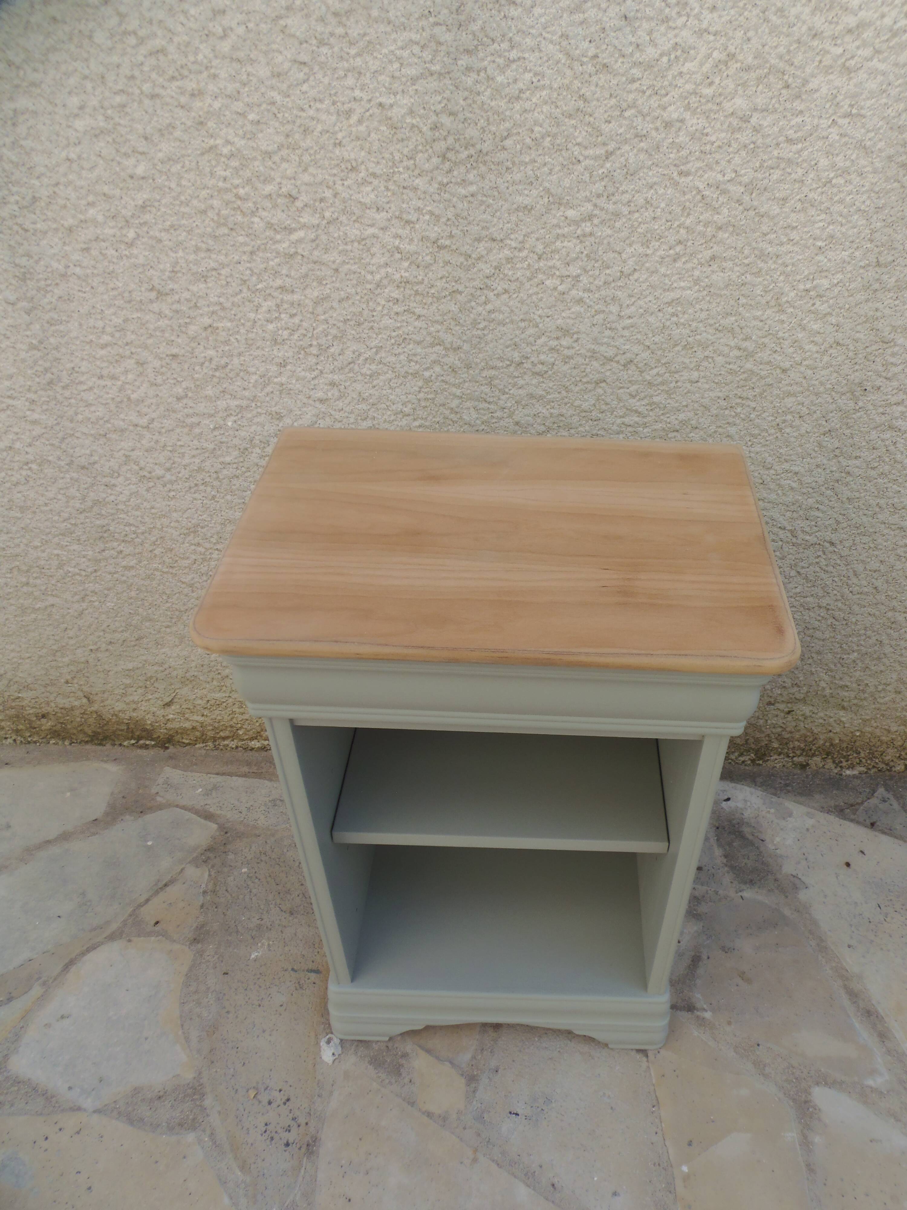 2 Louis Philippe style bedside tables reimagined in grey-green, wooden top.