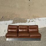 Salon complet en aluminium brossé et cuir marron, France 1970