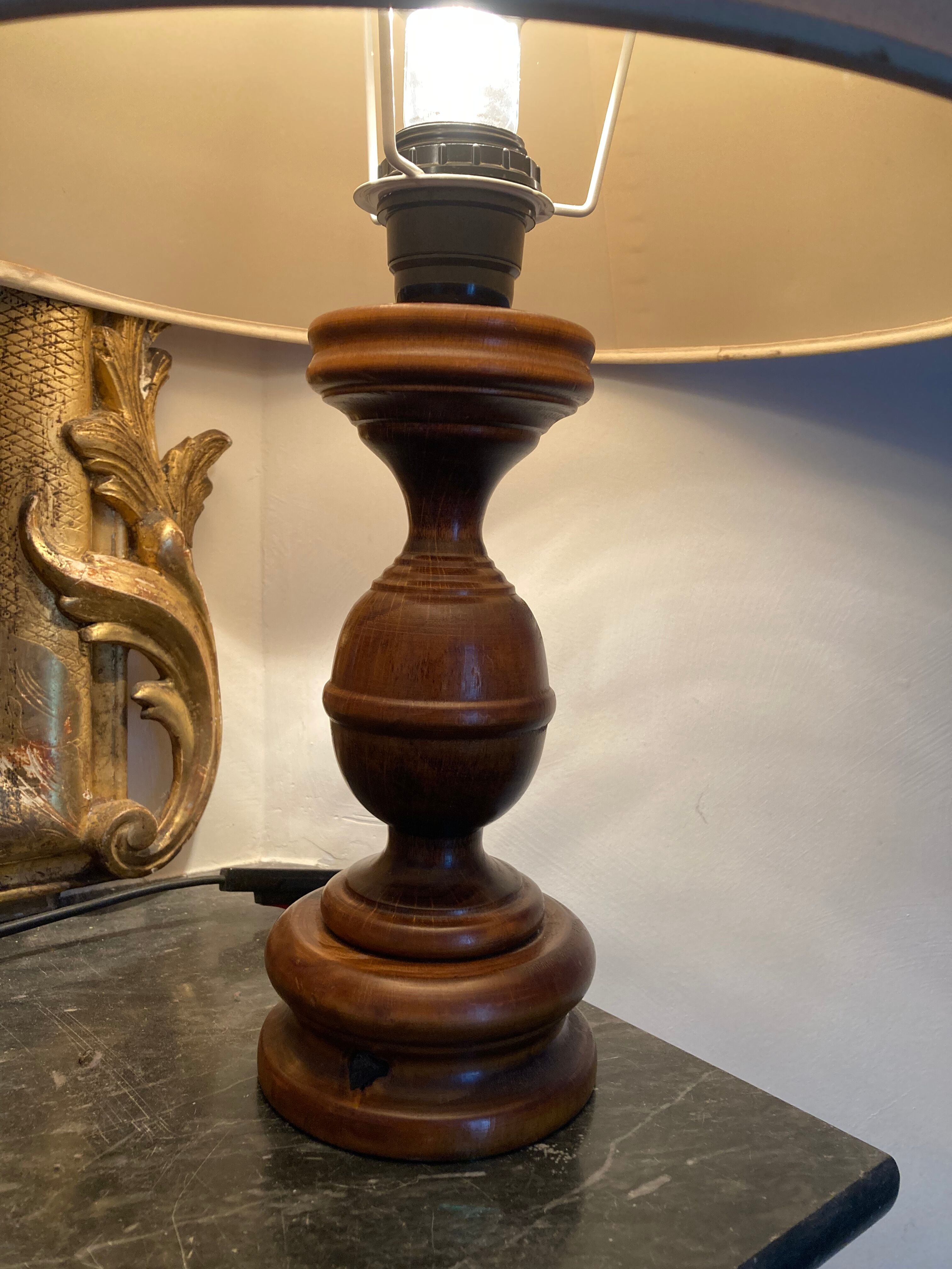 Wooden lamp turned off-white vintage lampshade