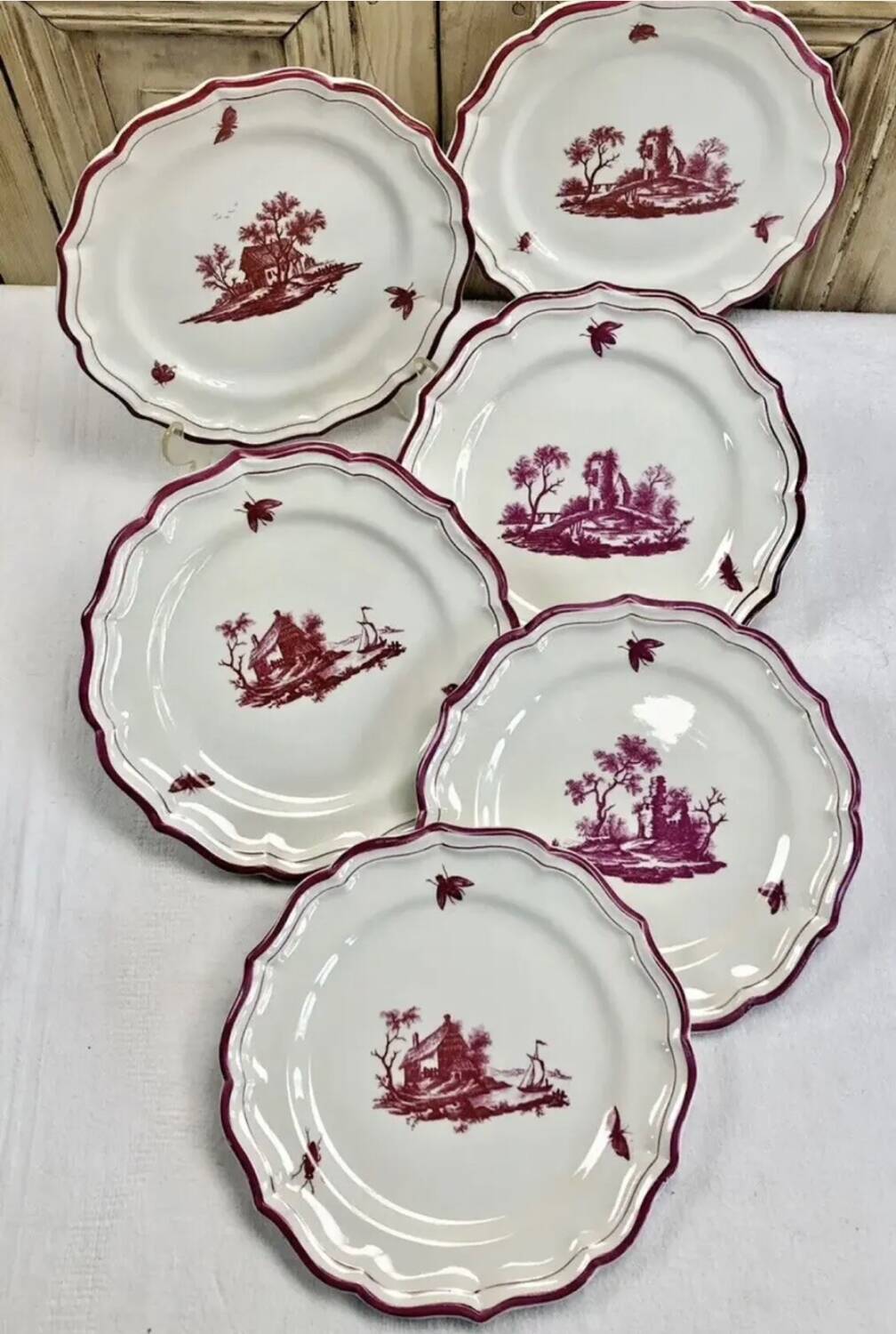 Round dish Gien model pink landscapes 1960 1971