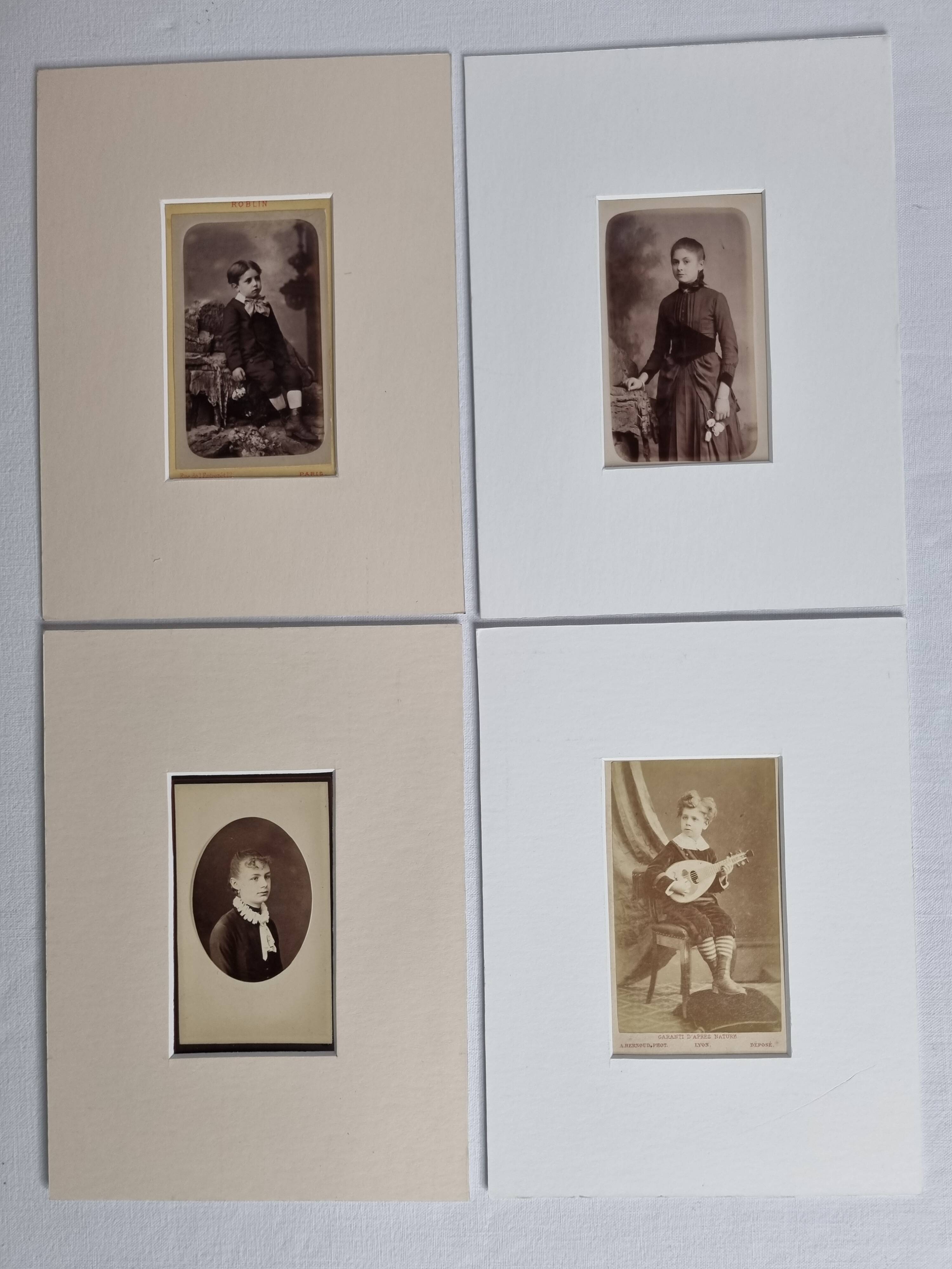 Set of 4 mounted old photographs, portraits of children and young women from the 19th century