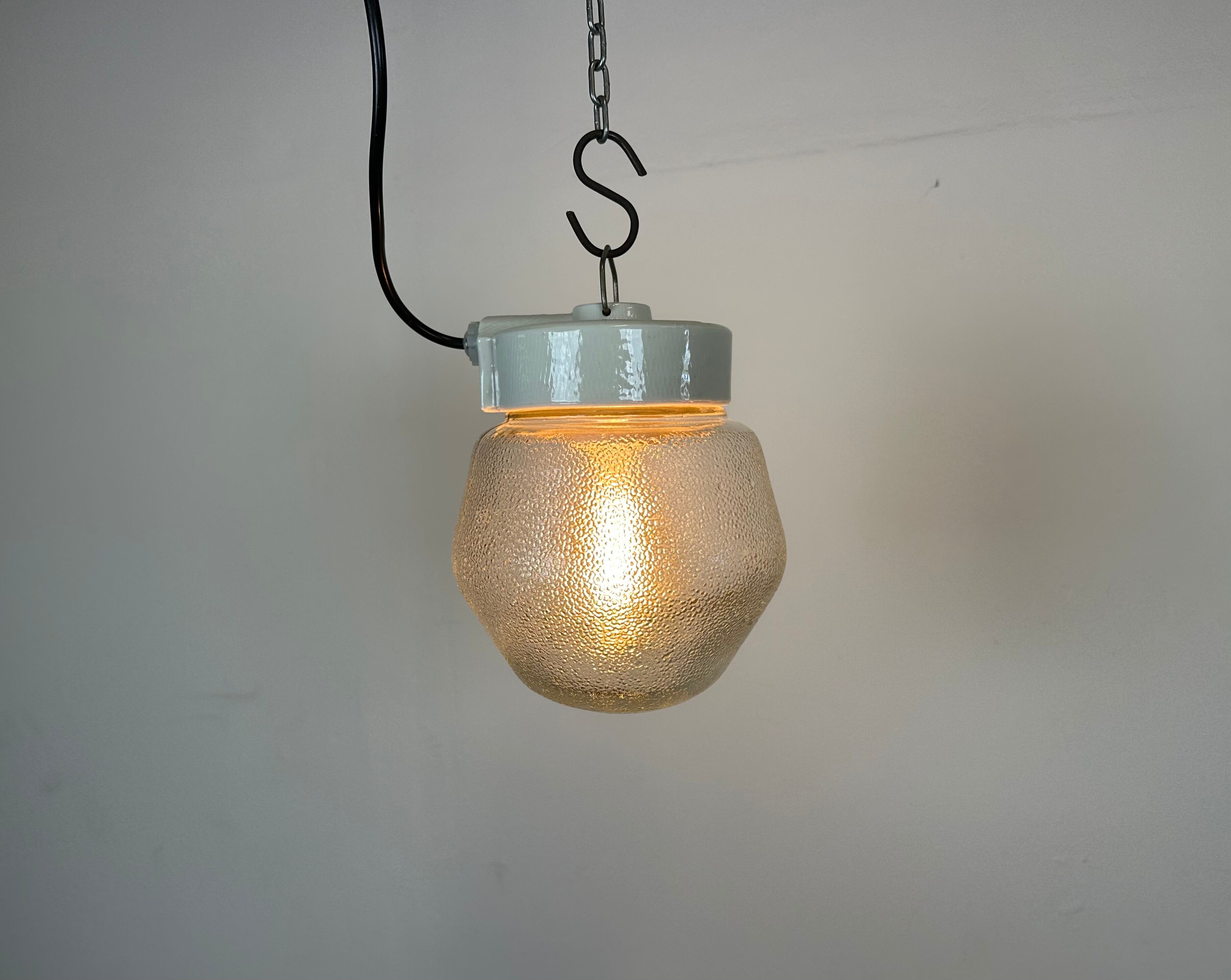 Vintage White Porcelain Pendant Light with Frosted Glass, 1970s