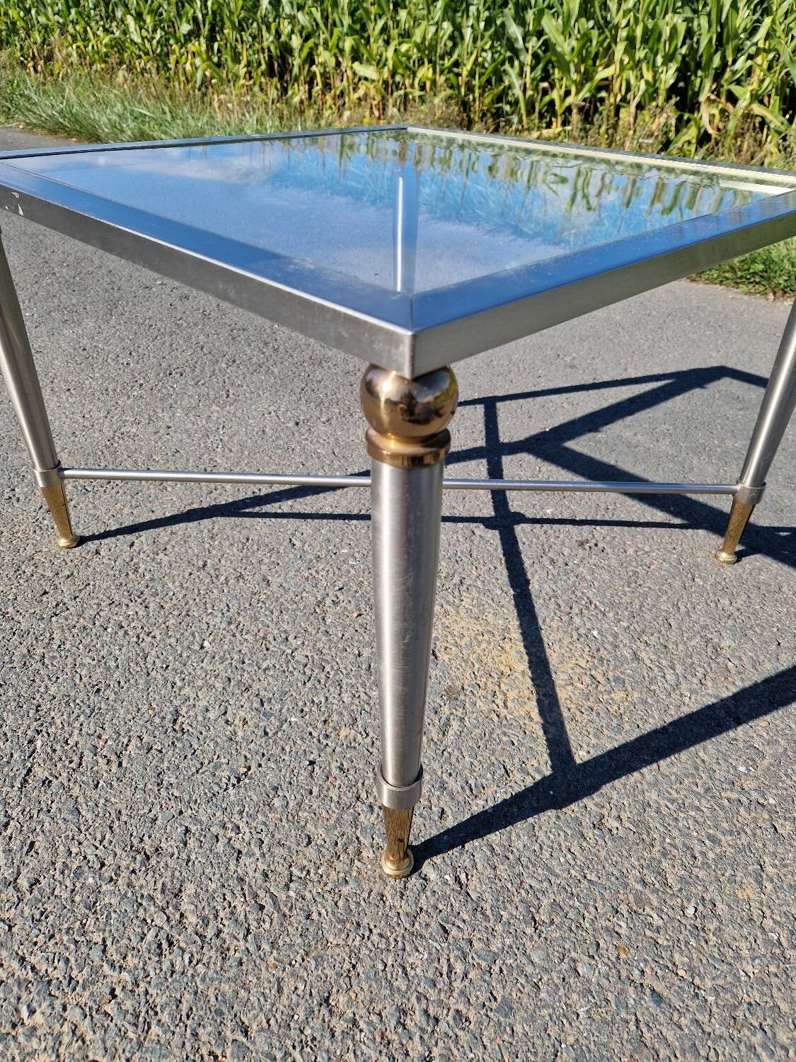 Vintage brushed steel and brass side table, 1970