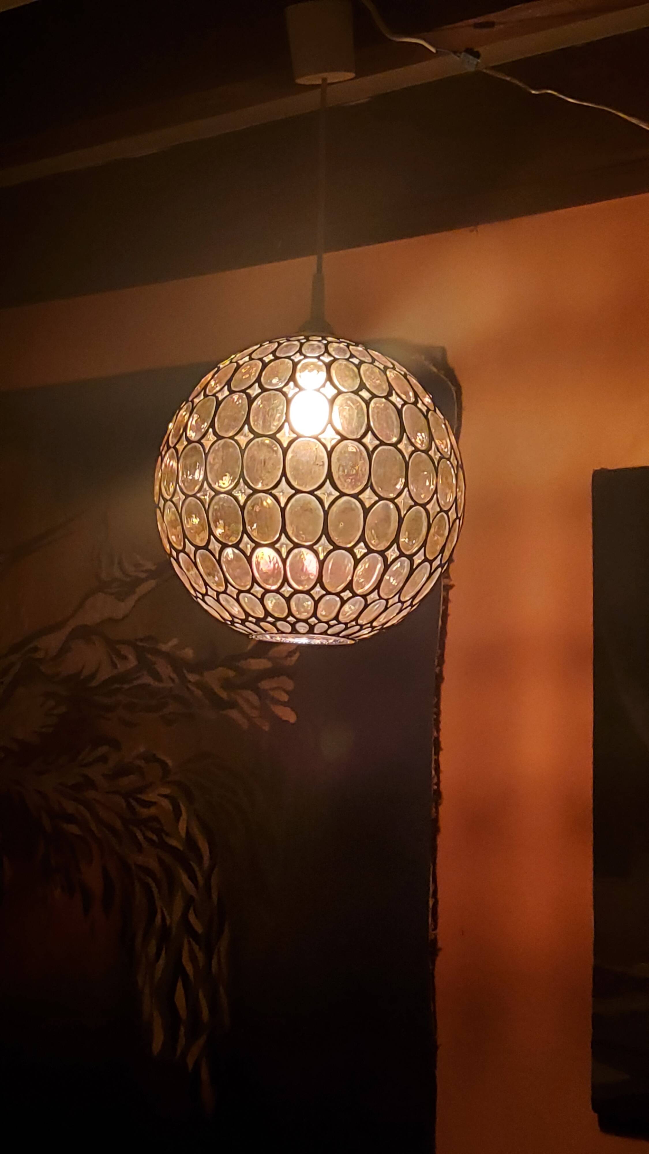 Ball pendant light in orange and enameled glass from the 70s
