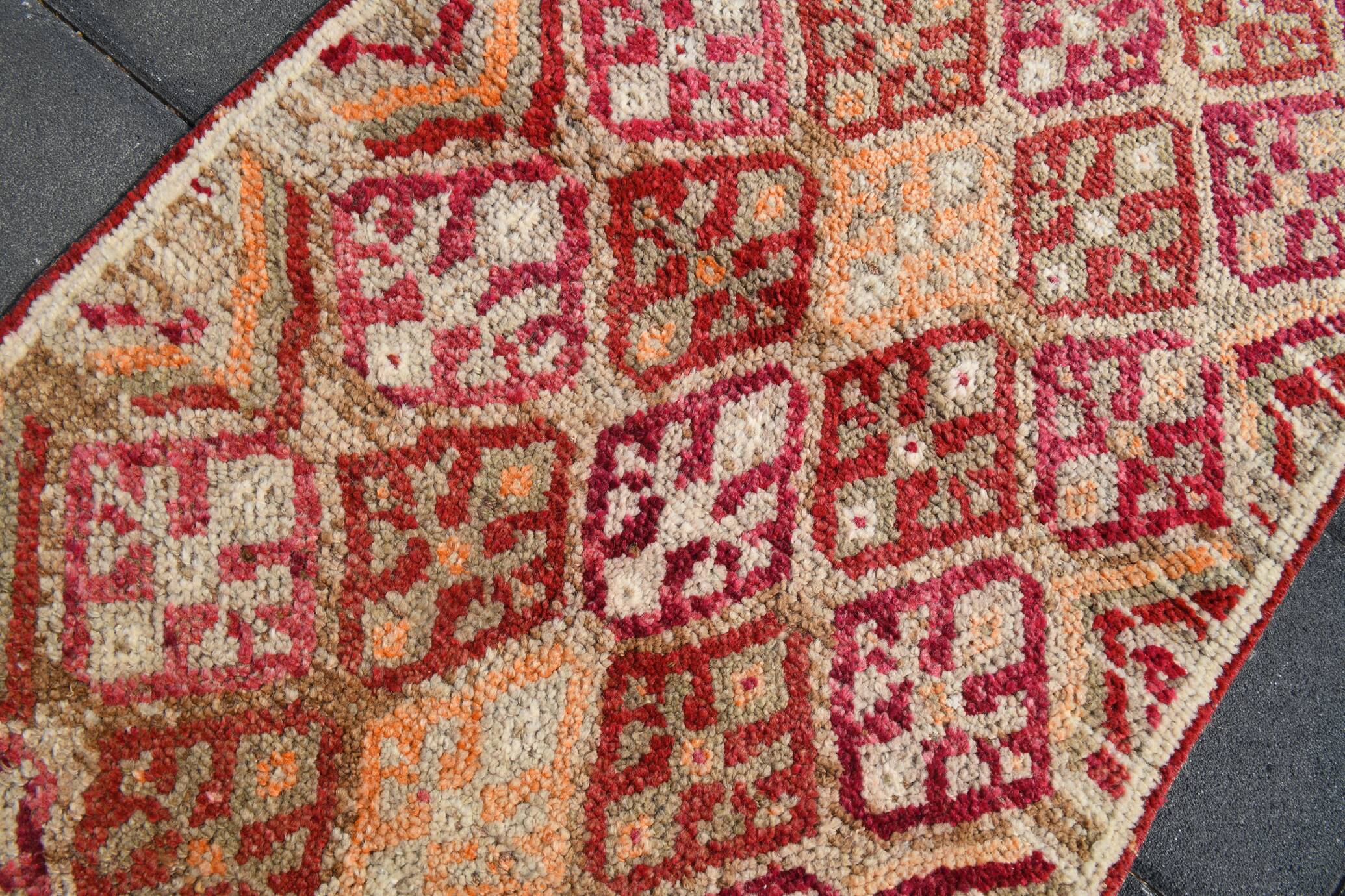 Tapis de Couloir Turc Vintage, Laine Rouge & Beige Géométrique, 83x388 Cm