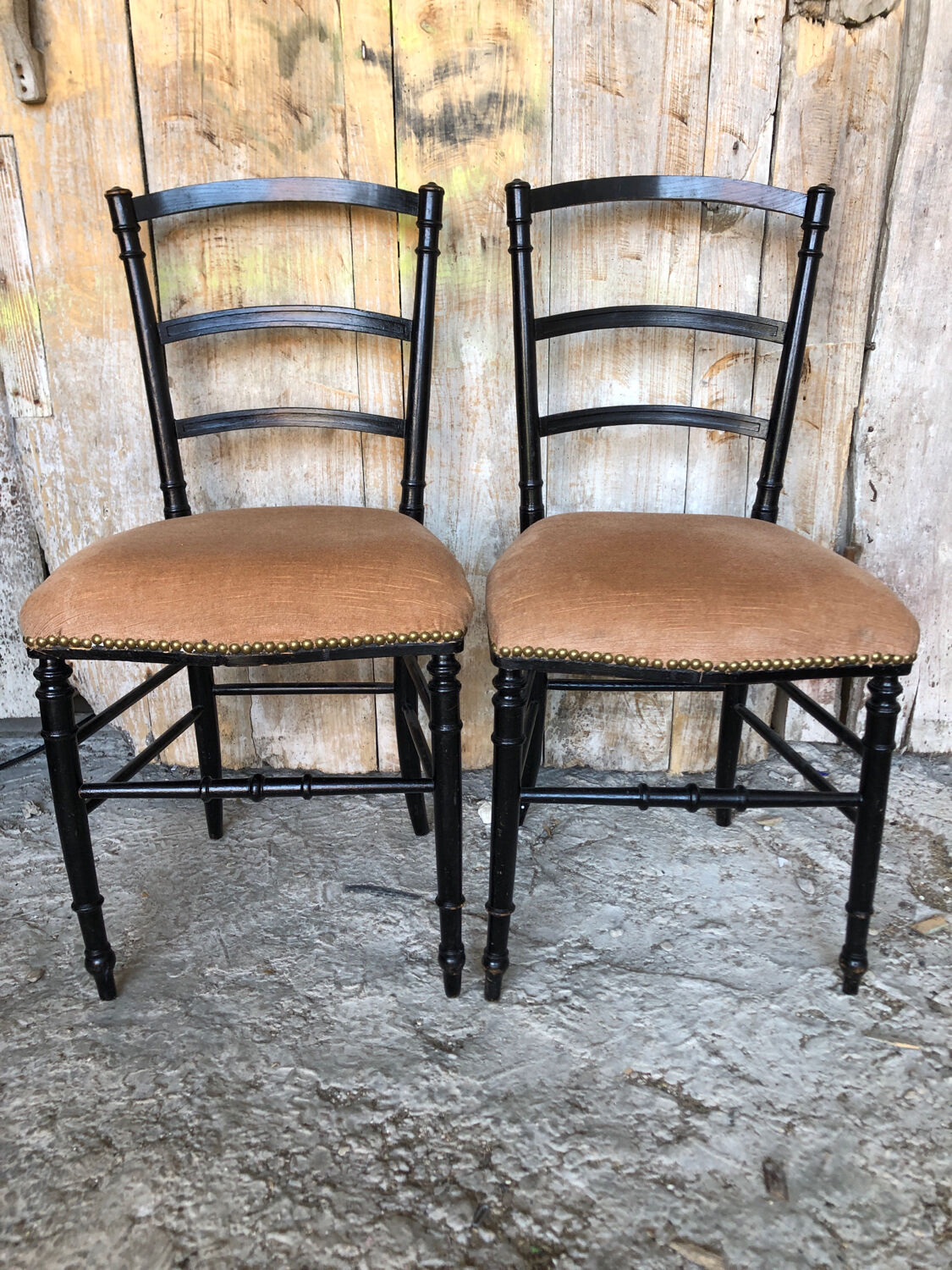Pair of chairs napoleon 3 black wood & seat velour pink vintage #a196