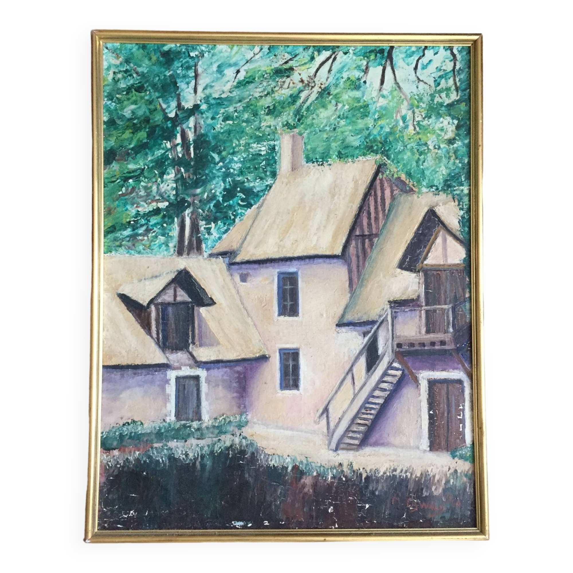 Oil on canvas painting Normande R.Oswald 1960 gilded wooden frame