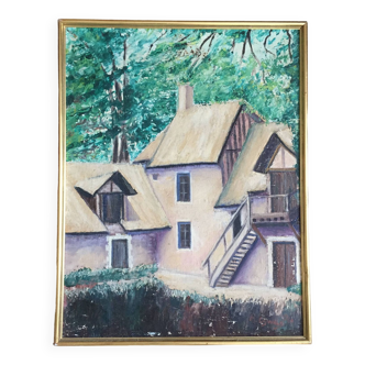 Huile sur toile peinture Normande R.Oswald 1960 cadre bois doré