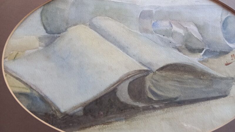 Old painting, handwritten watercolor with pale pink knot