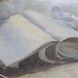 Tableau ancien , aquarelle manuscrit au noeud  rose pâle