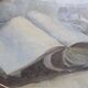 Old painting, handwritten watercolor with pale pink knot