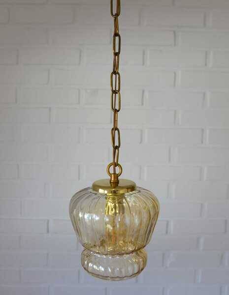 Vintage old gold pendant light, amber glass, 1960s chain lamp