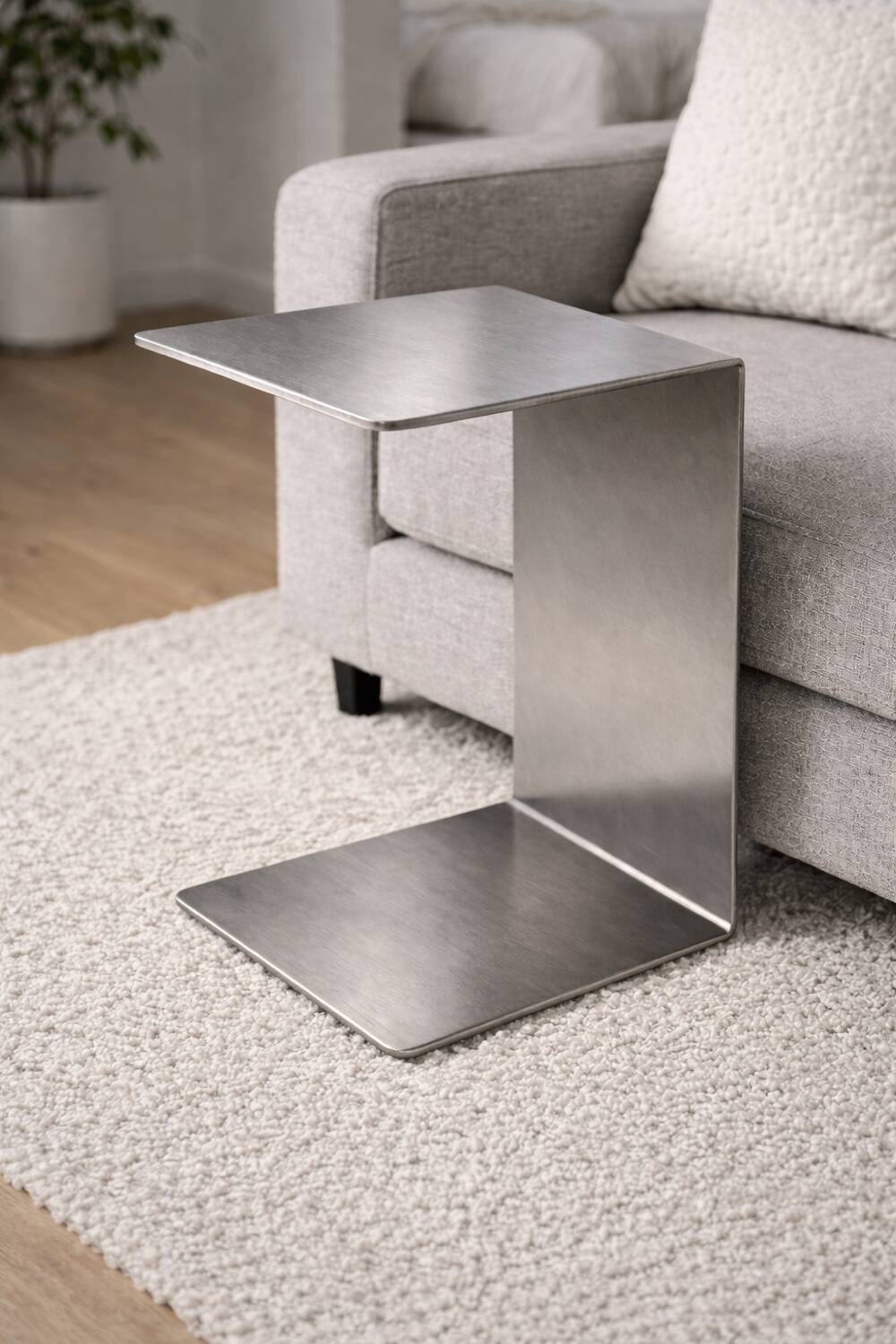 Minimalist Brushed Stainless Steel Side Table, Contemporary Sculptural