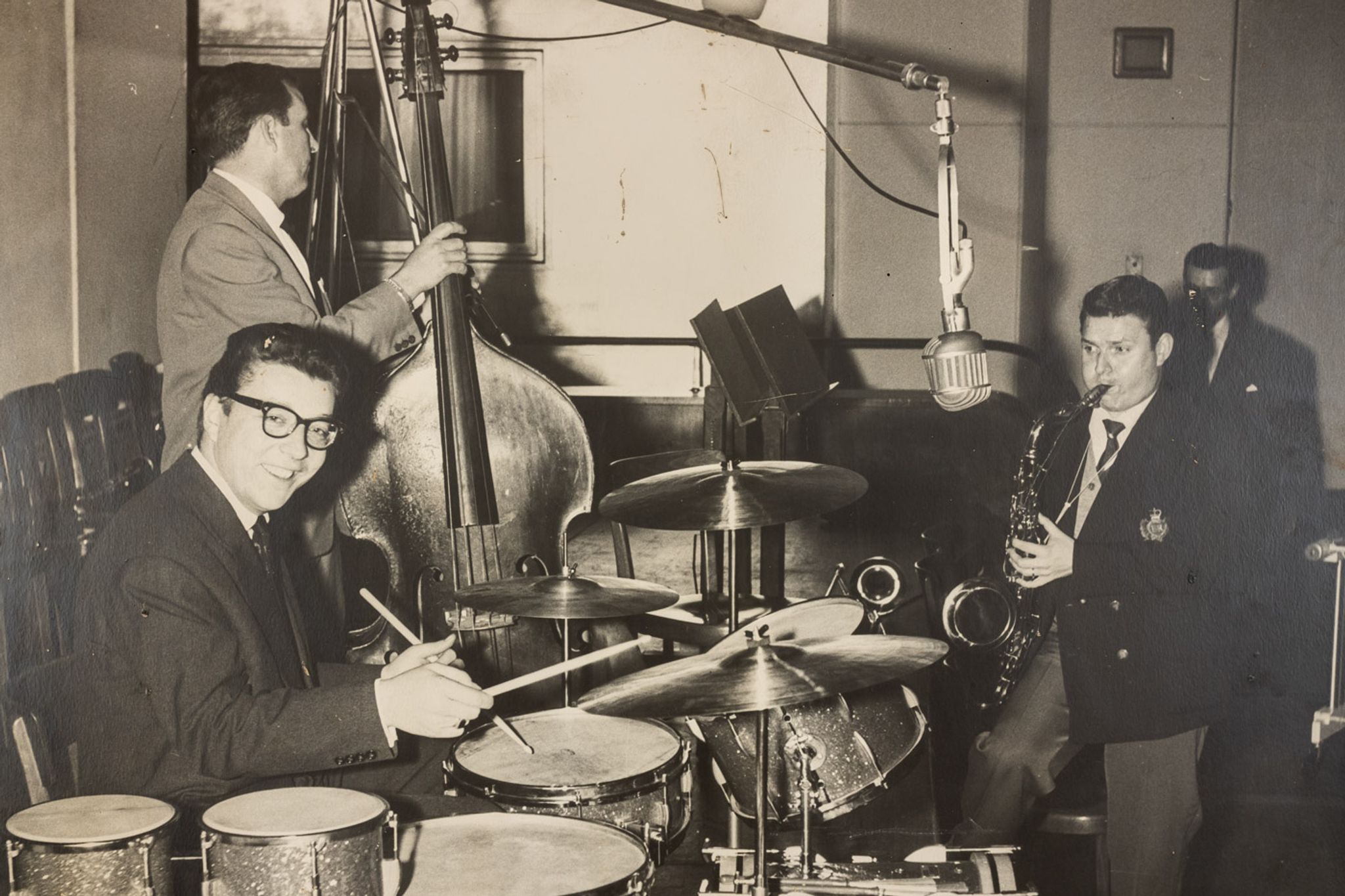 Jazz Band, 1940s b/w images on heavy wooden panels, 85 x 99 cm