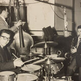 Jazz Band, 1940s b/w images on heavy wooden panels, 85 x 99 cm