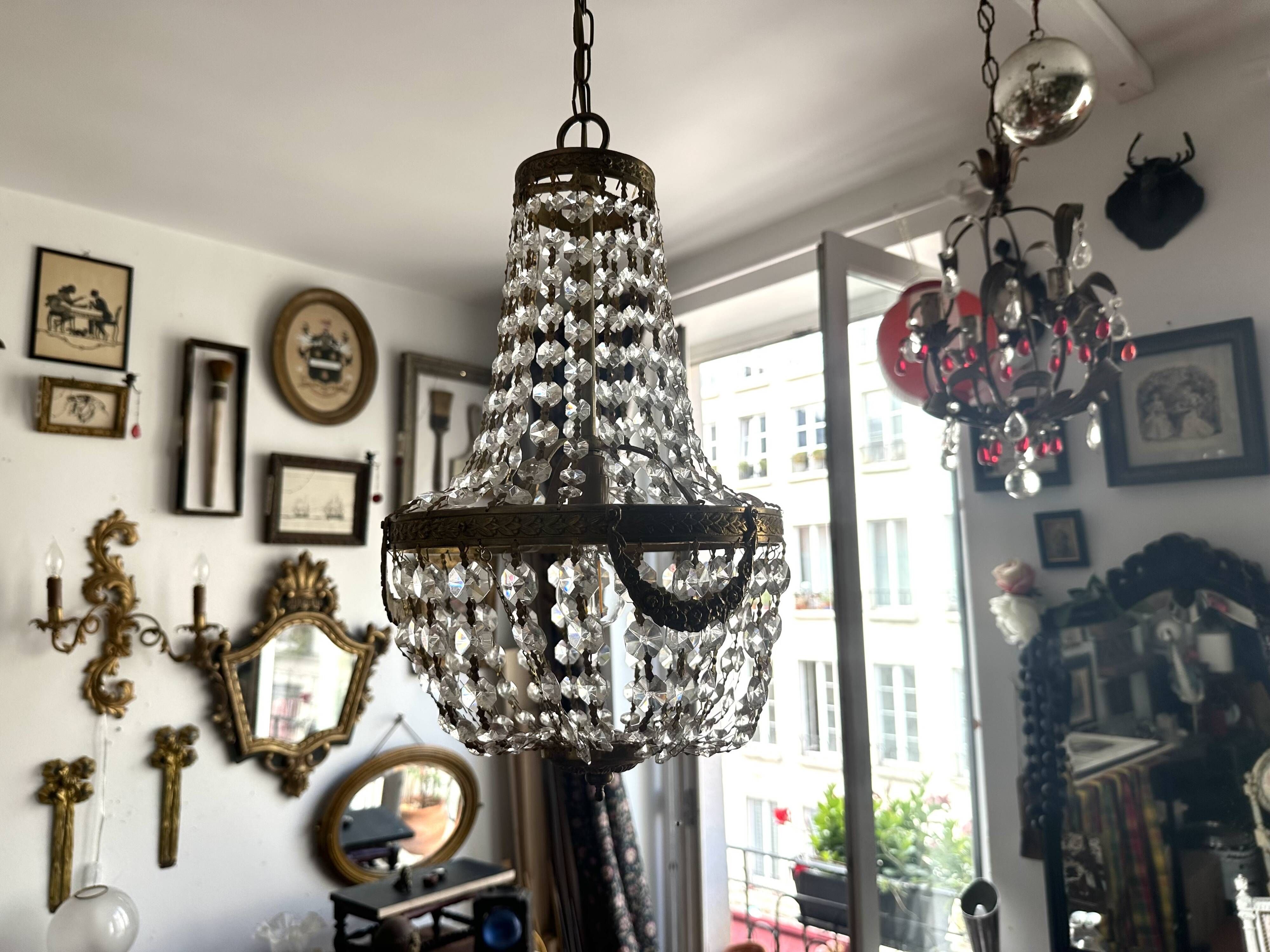 Golden bronze hot air balloon chandelier with glass pendants, mid-20th century.