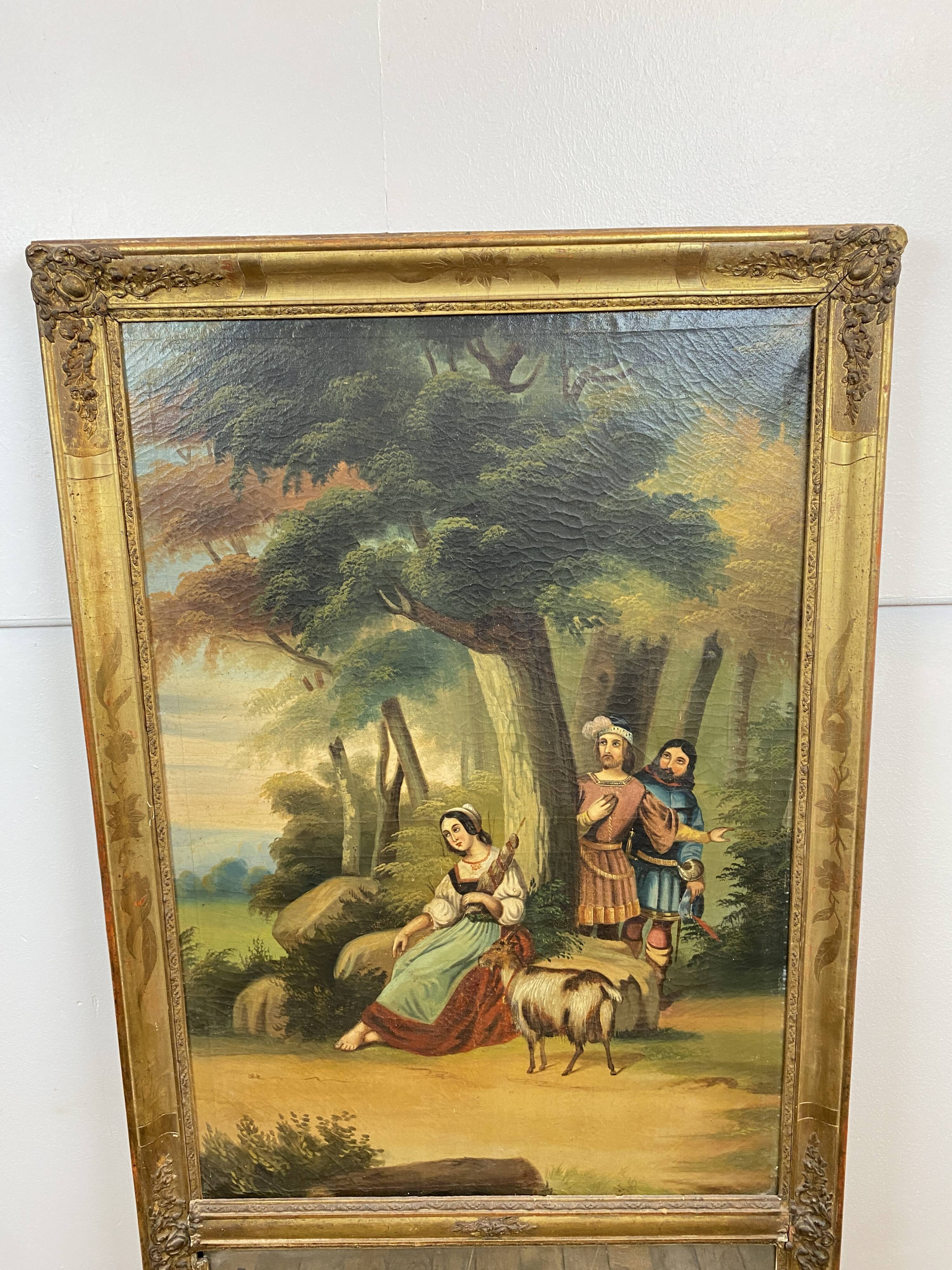19th century gilded wooden trumeau with romantic scene - 69cm x 140cm
