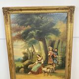 19th century gilded wooden trumeau with romantic scene - 69cm x 140cm