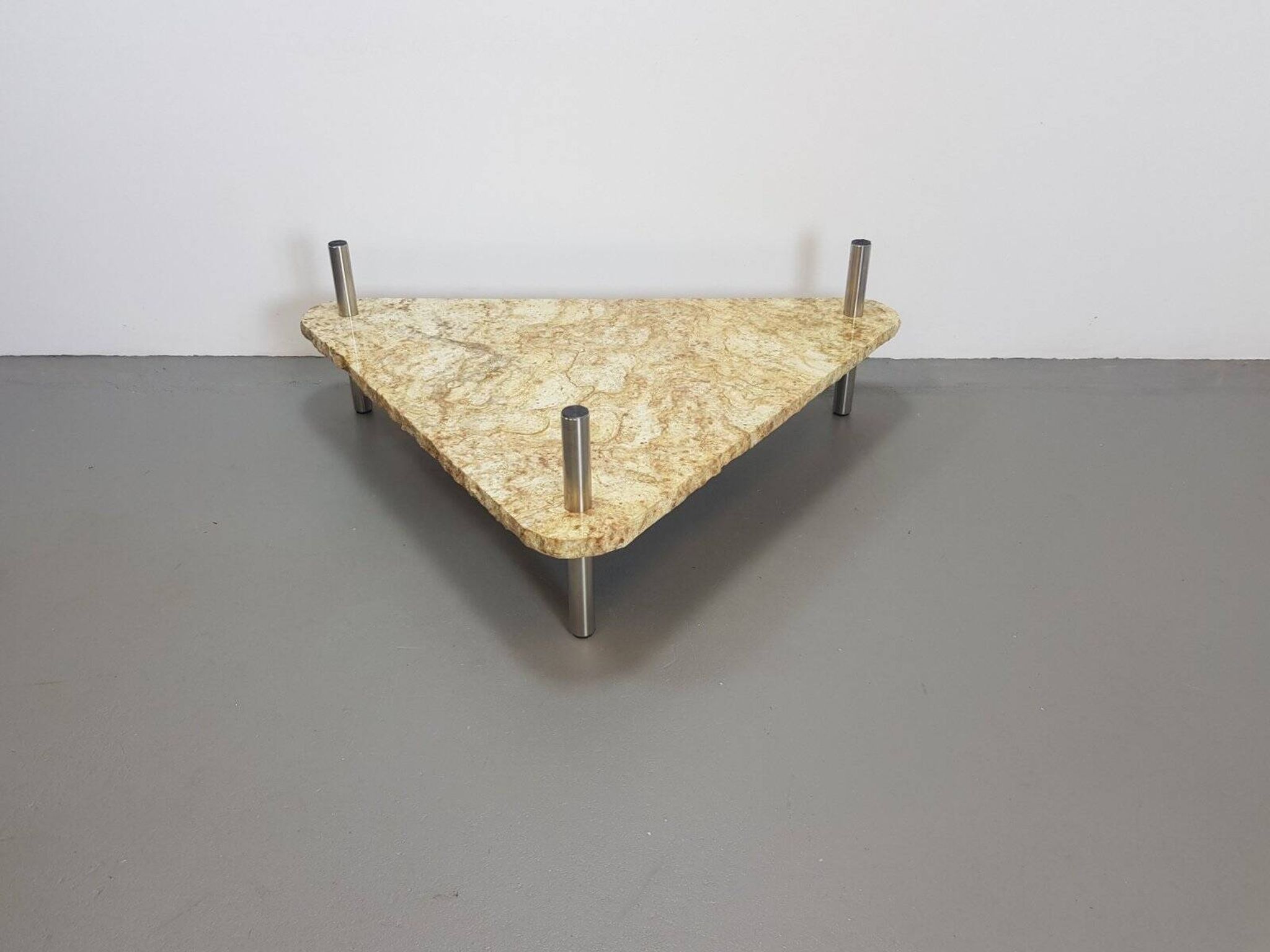 Brutalist Triangle Coffee Table in Marble and Stainless Steel, 1970s