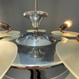 Lustre Art déco en métal chromé et verre dépoli, Tchécoslovaquie années 1930