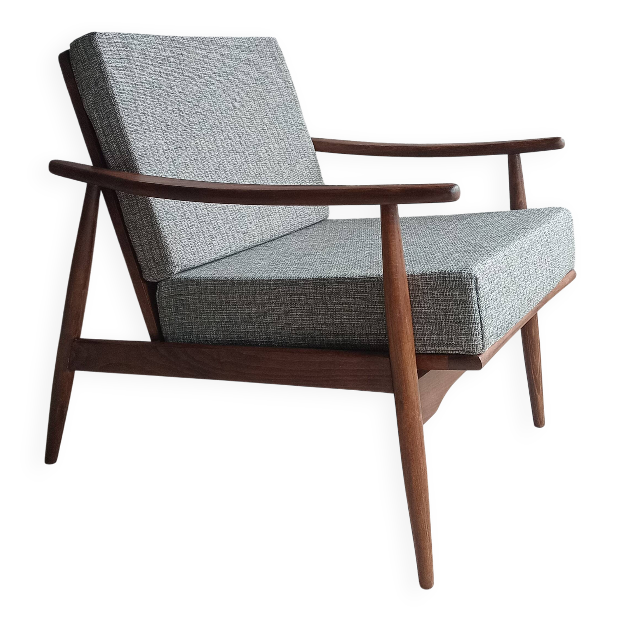 Vintage 1960s boomerang armchair in beechwood – restored and upholstered in vintage fabric