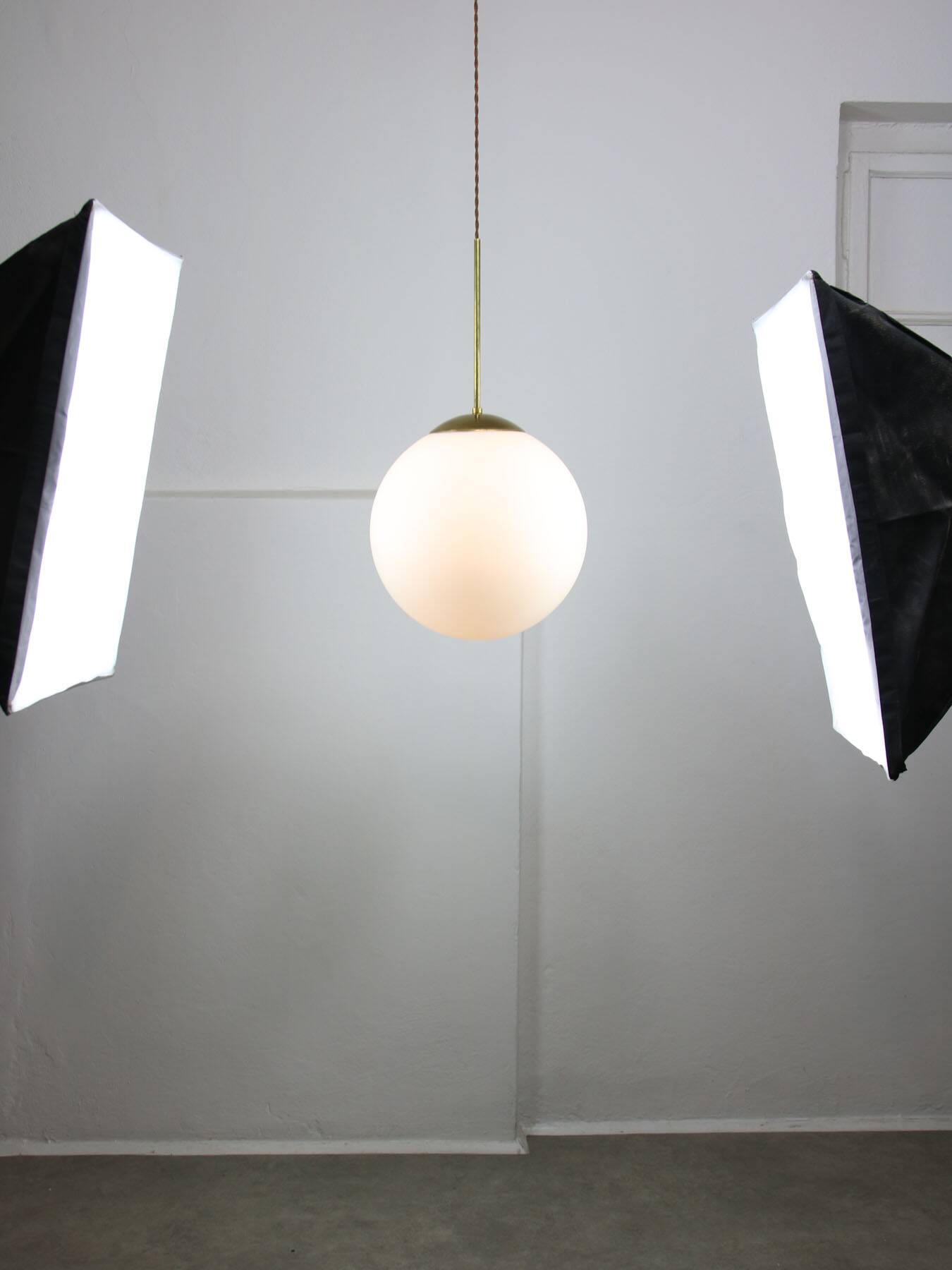 Large mid-century italian opaline & brass sphere pendant lamp