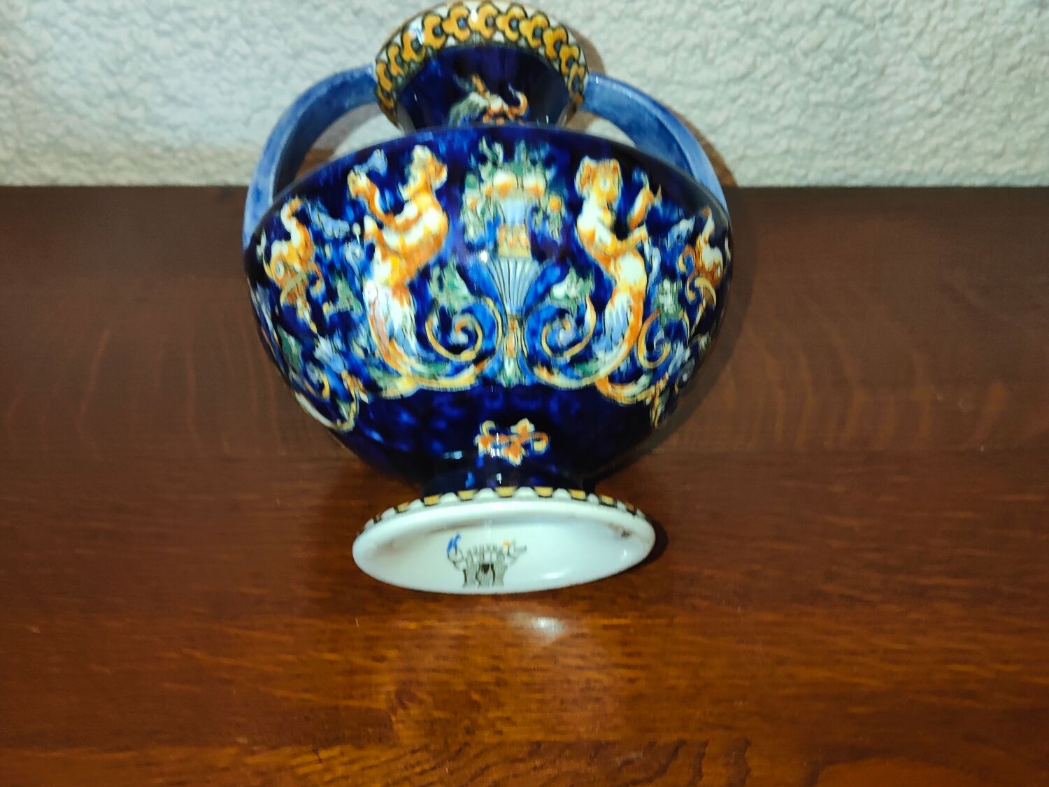 Vase with 2 polychrome handles in Gien earthenware France with Renaissance decoration 1938