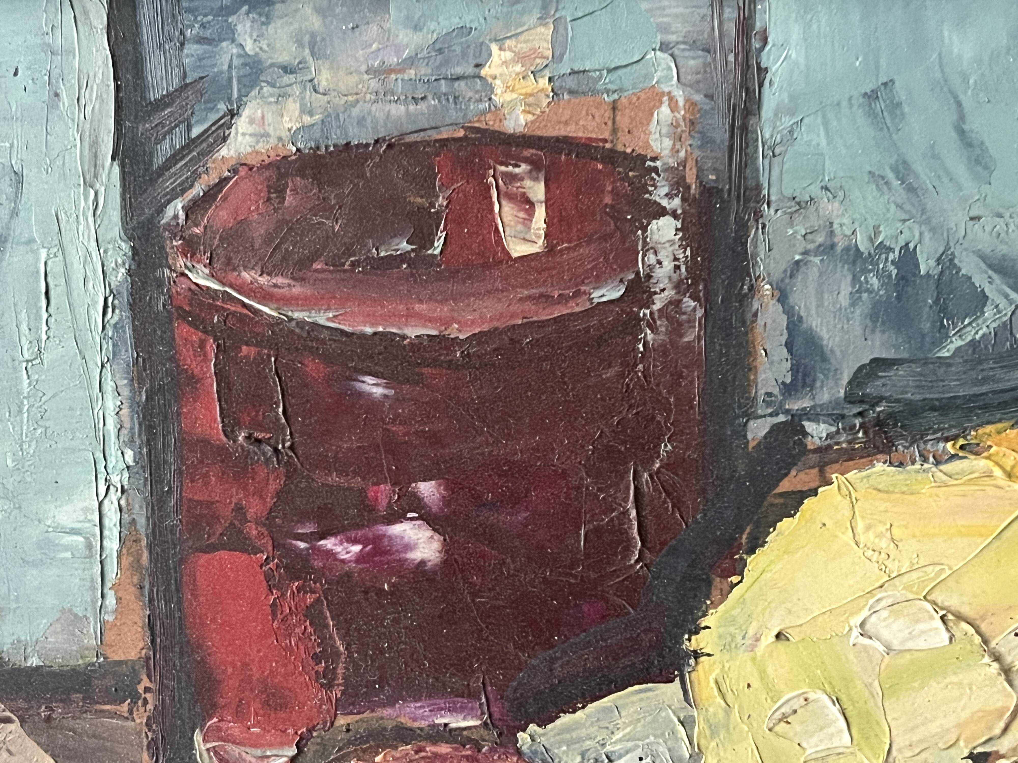 Oil on canvas still life with a baguette and sausage from the 1940s.
