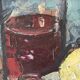 Oil on canvas still life with a baguette and sausage from the 1940s.