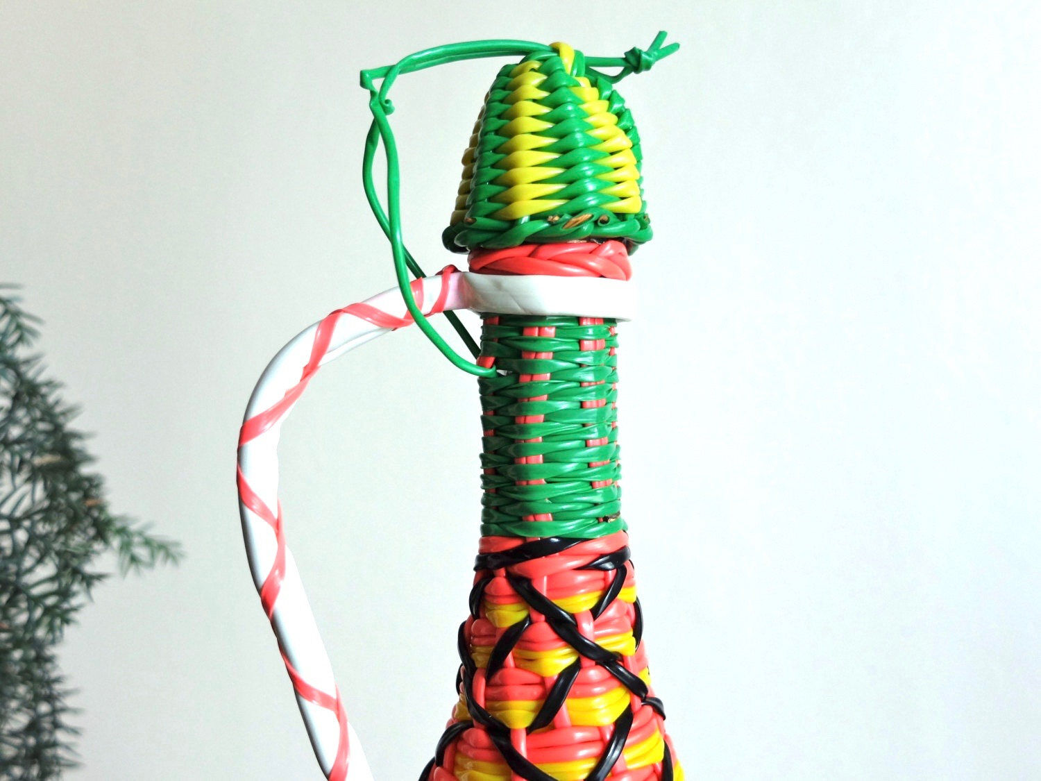 Decorative bottle covered with scoubidou 60 years