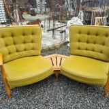 Vintage oak fan bench by Guillerme and Chambron