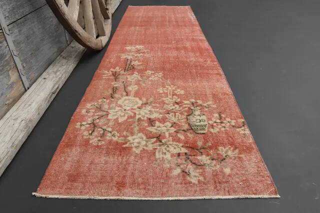 1970s Vintage Turkish Hand-Knotted Wool Cotton Red Runner Rug 82x270