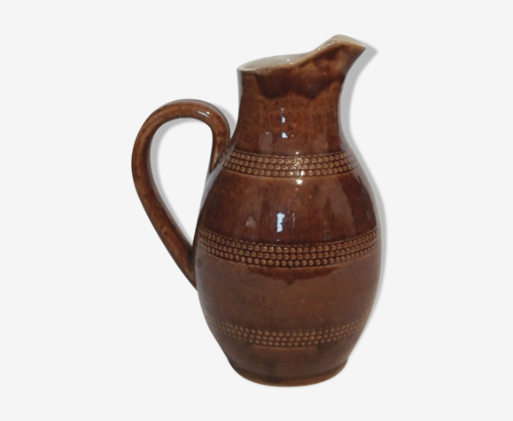Ancien pichet cruche en grès marron vernissé H 20.5 cm