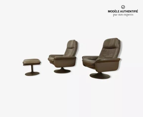 Paire de fauteuils et ottoman DS50 cuir De Sede pied tulipe gainé, rotatifs