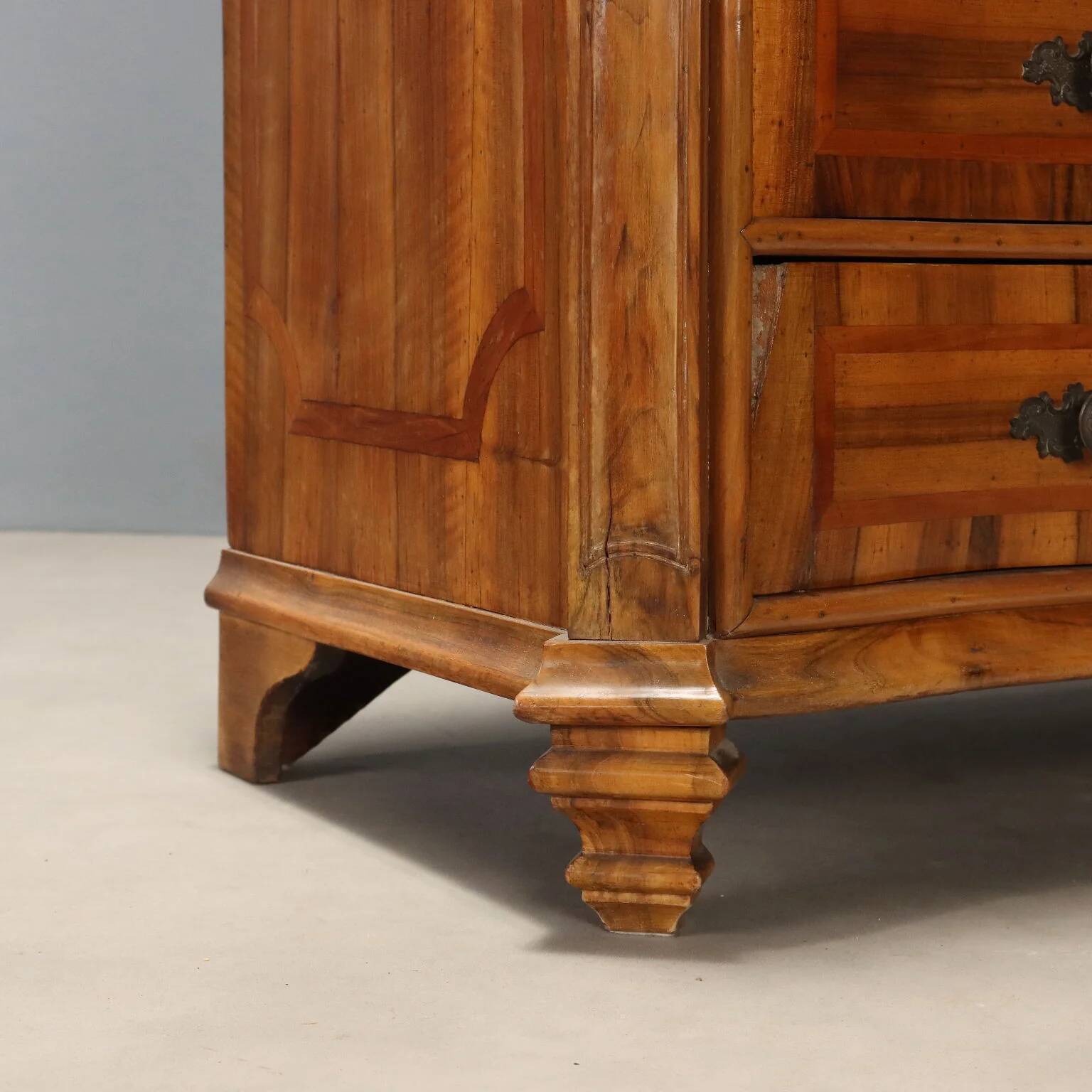 Antique cherry wood cabinet with drop-down front, 3 drawers, Italy, 20th century.