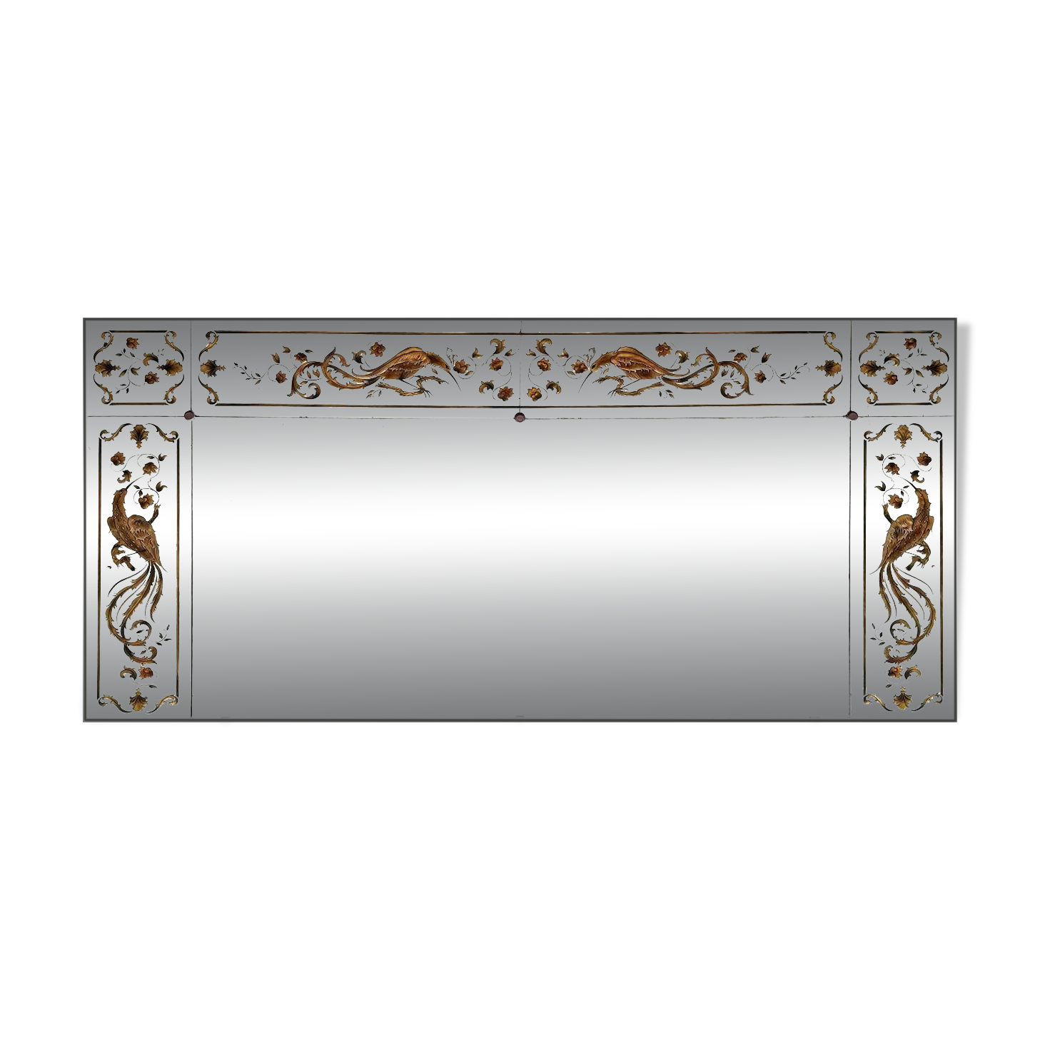 Brasserie mirror in glass with eglomisé decoration "The Paradise Birds"