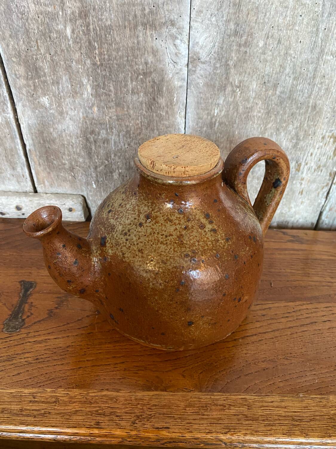 Antique brown beige pyrite stoneware teapot + vintage cork stopper