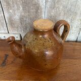 Ancienne théière en grès pyrite marron beige + bouchon liège vintage
