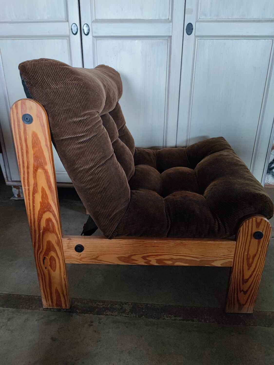 Scandinavian pine and velvet armchair
