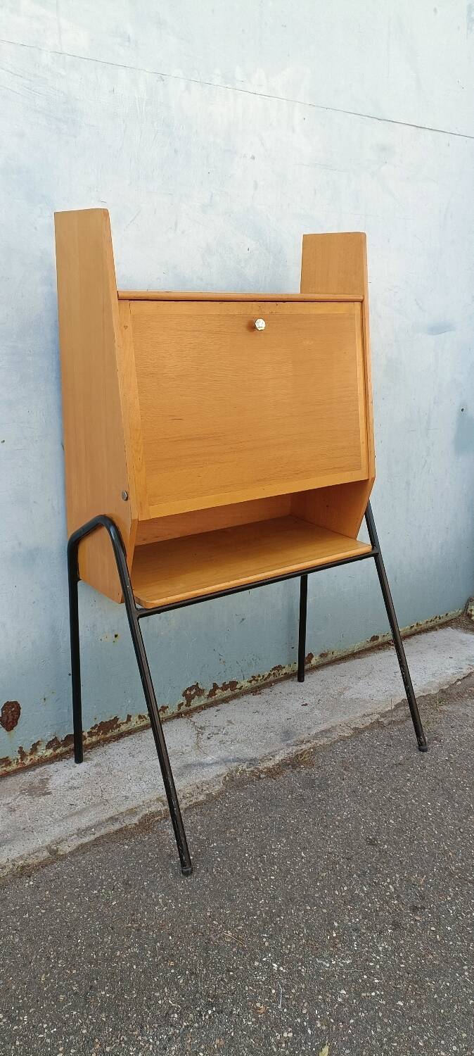 Vintage light oak secretary desk with metal base