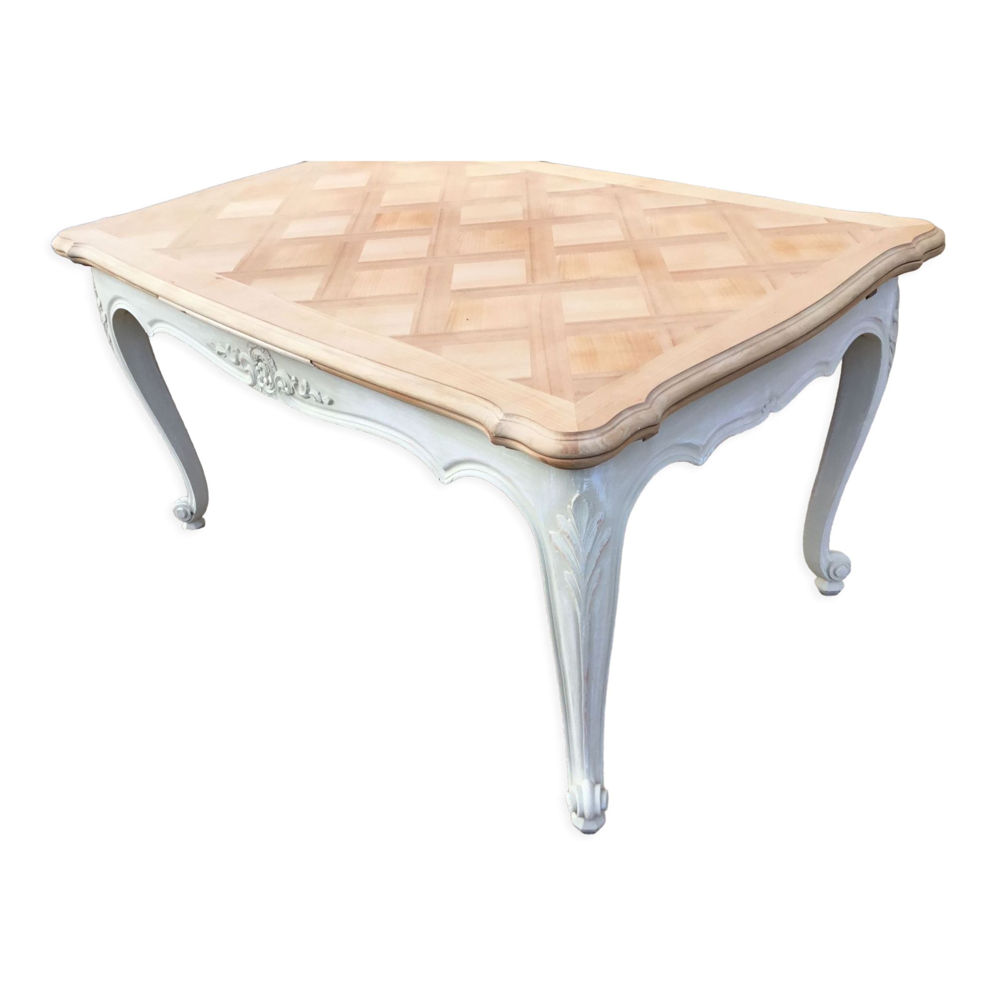 Louis XV style table in cherry wood pickled top and patinated base in light beige