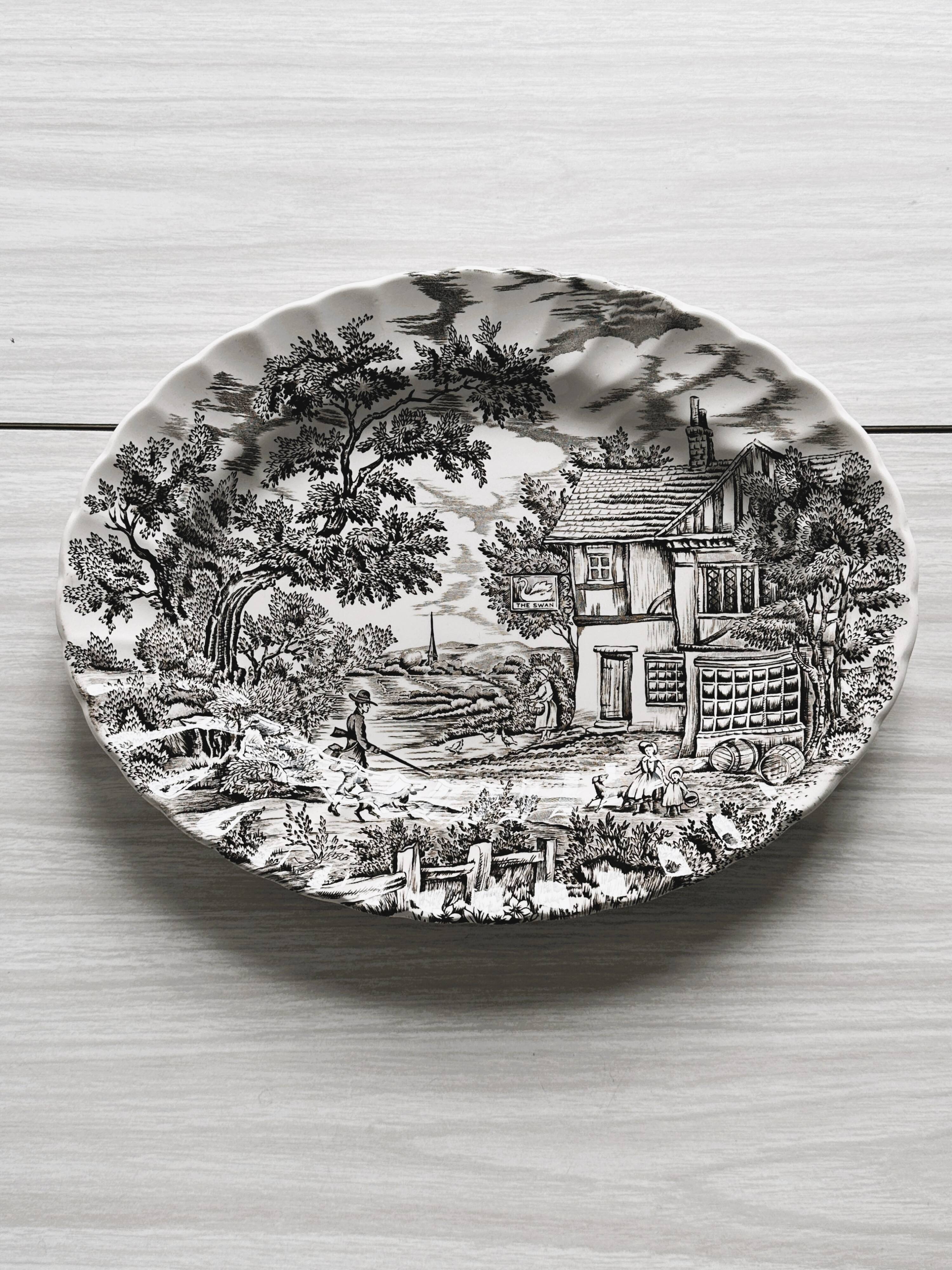 English earthenware dish, countryside scene illustration